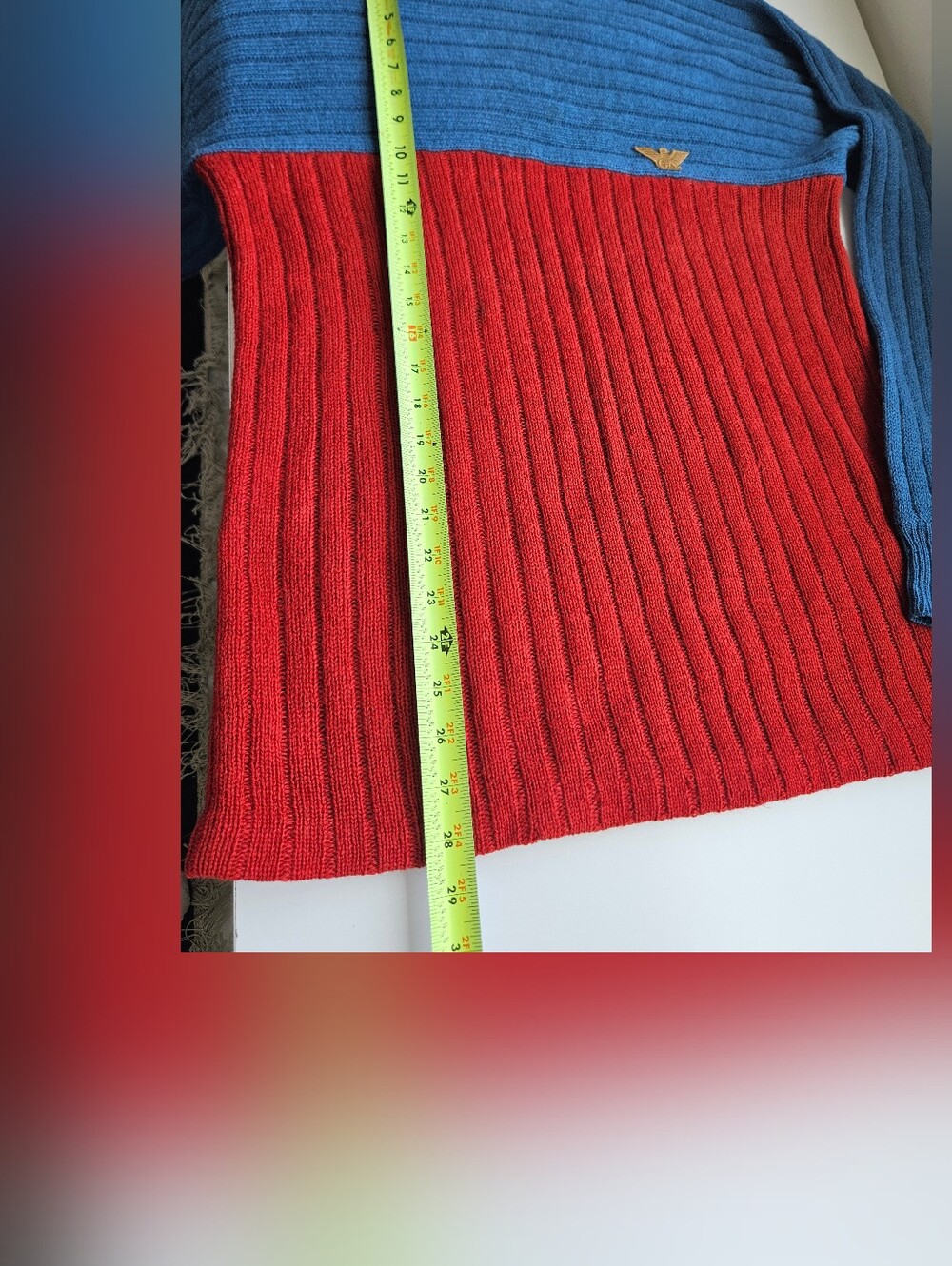 Giorgio Armani Vintage Red & Blue Wool Ribbed Logo Retro Sweater - Picture 10 of 12